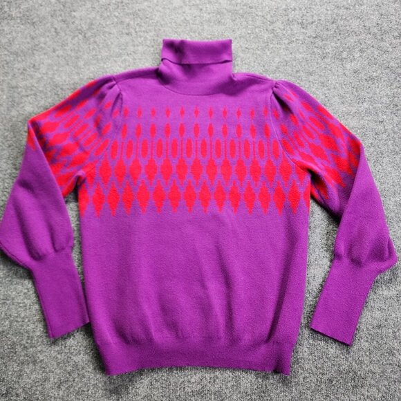 Ann Taylor Fair Isle Turtleneck Sweater Womens Large Purple Red Balloon Sleeve - Picture 3 of 13